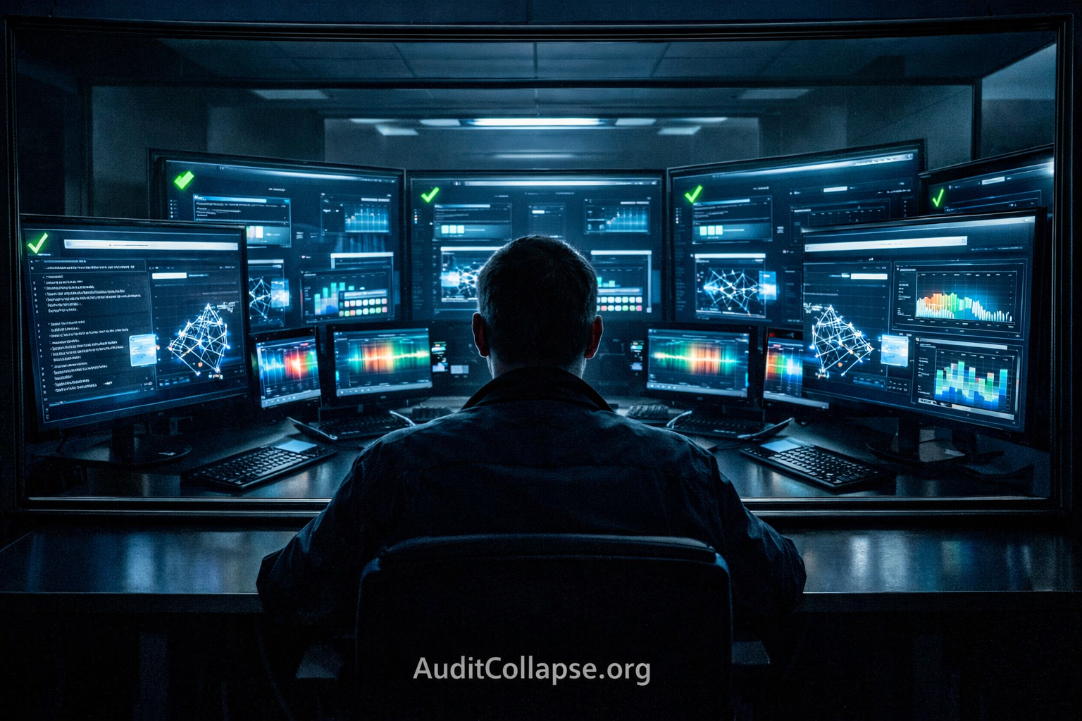 AI audit environment where auditor evaluates systems using the same AI systems, illustrating epistemic conflict and audit collapse