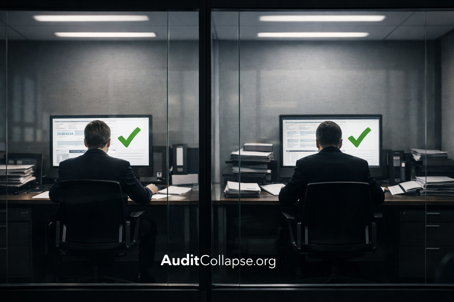 Two professionals in separate rooms verifying each other's work, both showing green checkmarks, illustrating audit collapse and explanation theater
