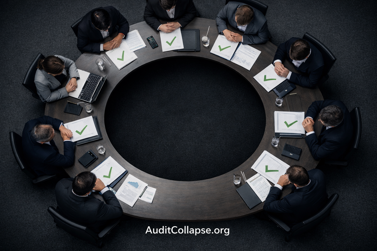 Circular audit meeting where all auditors face inward toward an empty center, illustrating Audit Collapse and self-certifying systems