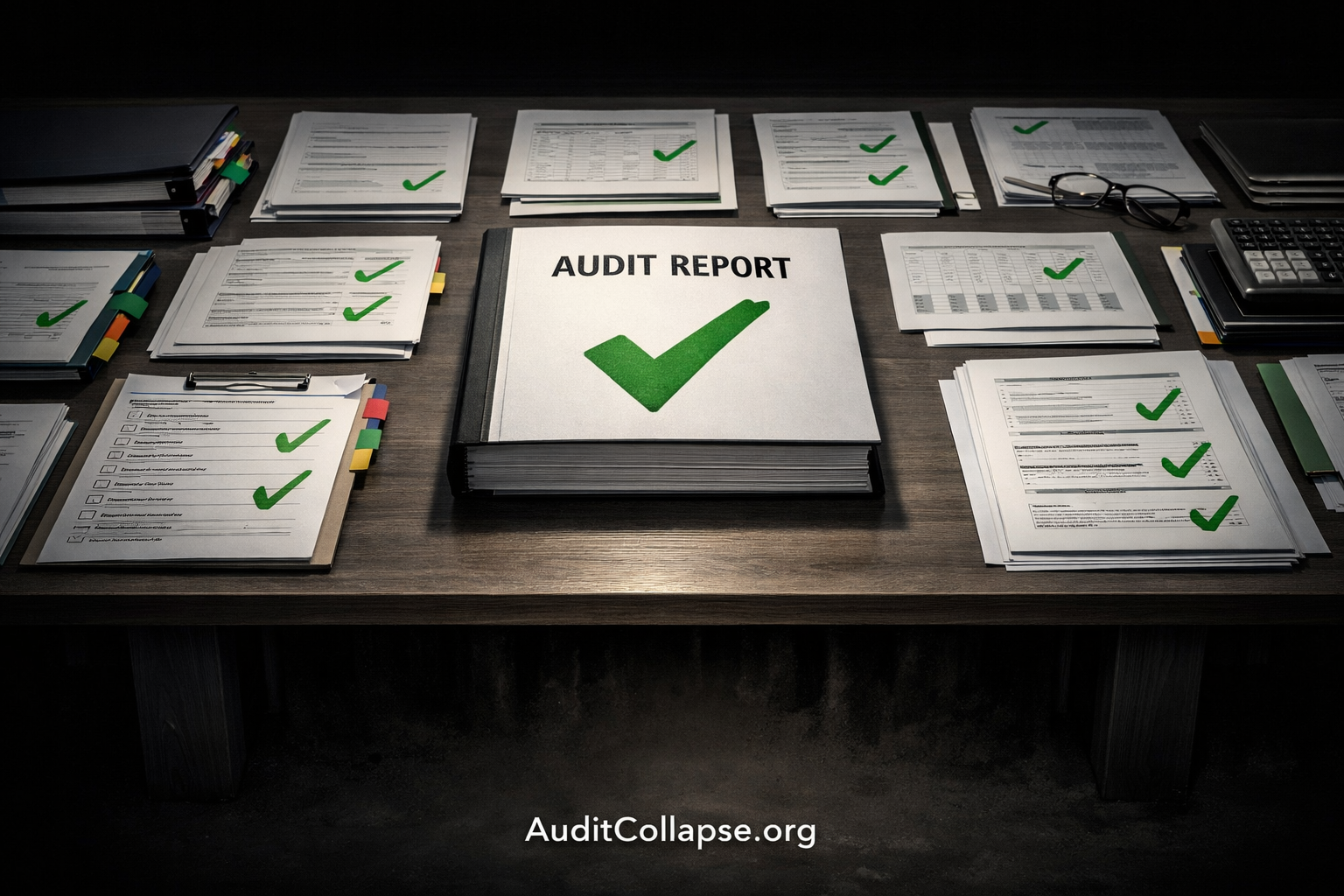 Circular audit process where rigorous outputs are produced without independent verification, illustrating Audit Collapse